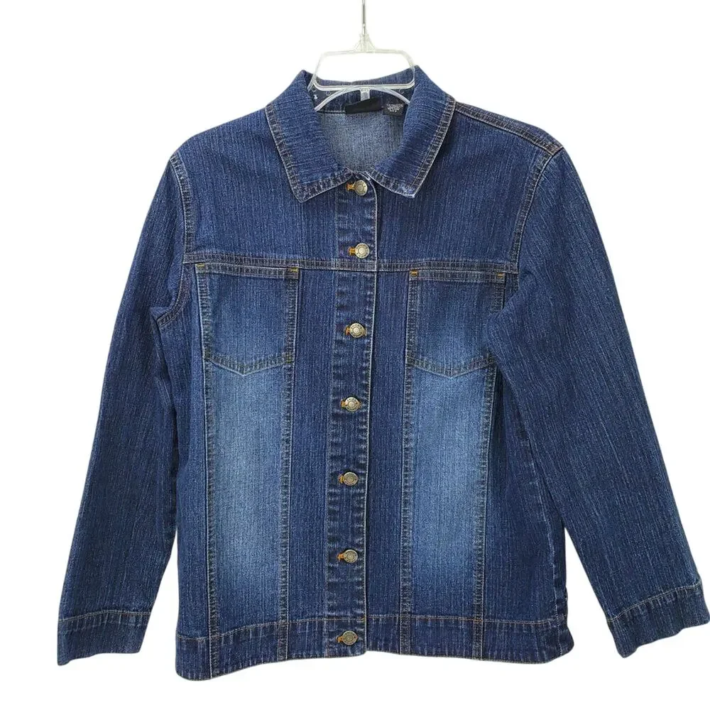 Chico's Denim Buttoned Jean Jacket (0) S Outdoor Minimalist Neutral Basic Coat